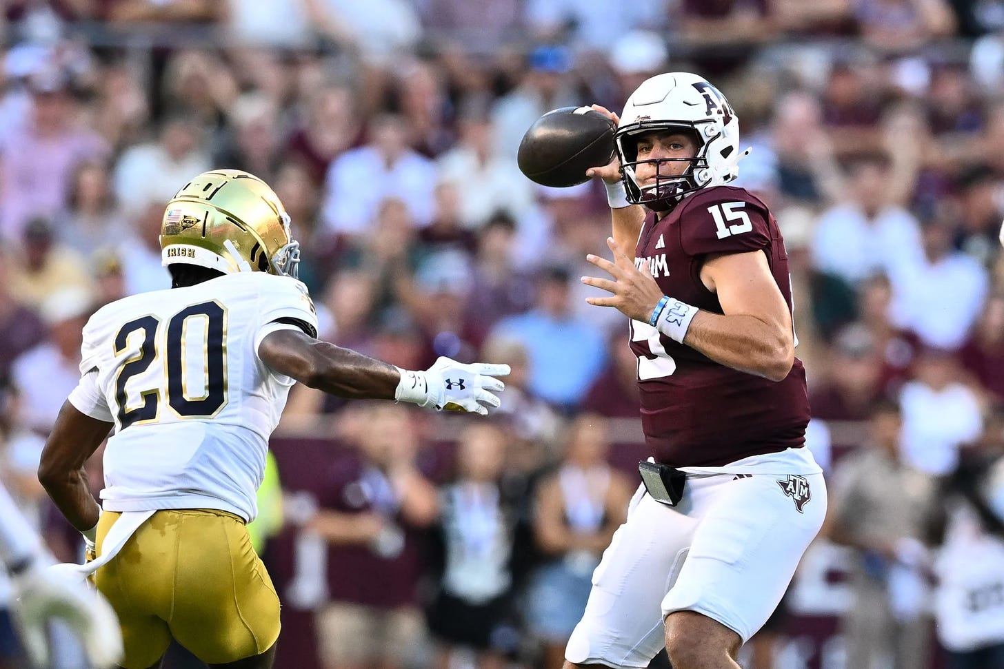 Aug 31, 2024; College Station, Texas, USA; Texas A&M Aggies quarterback Conner Weigman (15) looks to pass the ball during the first half against the Notre Dame Fighting Irish at Kyle Field. Mandatory Credit: Maria Lysaker-USA TODAY Sports