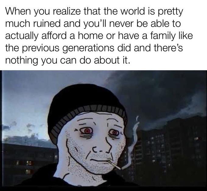 When you realize that the world is pretty much ruined and you'll never be able tO actually afford a home or have a family like the previous generations did and there's nothing you can do about it.