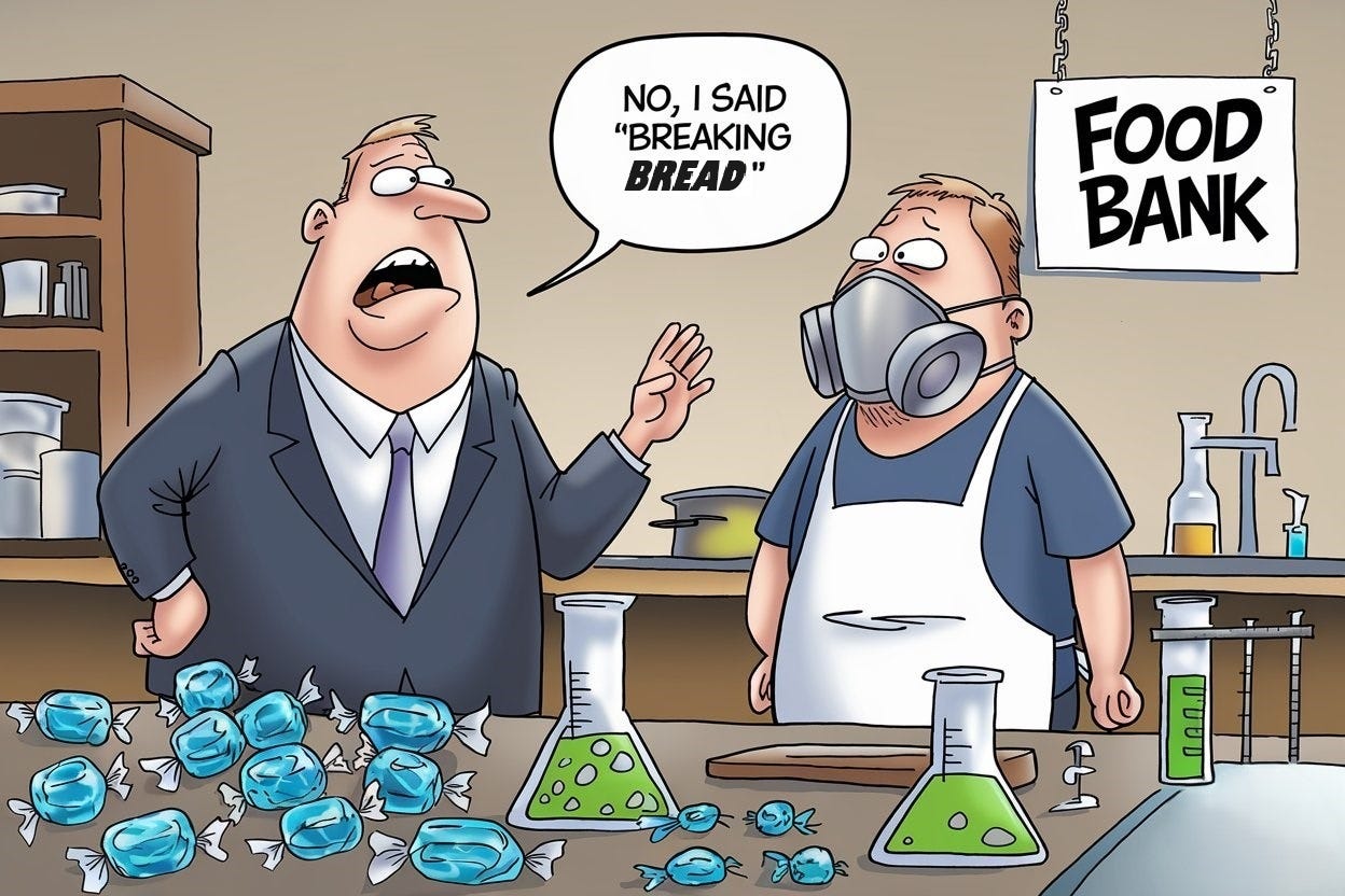 Cartoon illustration: A frustrated charity executive wearing a suit stands next to a worker wearing an apron and a hazard mask.They're in a food bank kitchen, surrounded by blue-tinted candies in wrappers, chemistry beakers, and suspicious crystal-like substances. The charity executive says "No, I said 'breaking BREAD'!" The apron-wearing worker looks embarrassed. The sign in the back says "Food Bank."