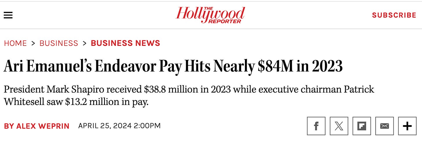 The Hollywood Reporter Ari Emanuel’s Endeavor Pay Hits Nearly $84M in 2023 President Mark Shapiro received $38.8 million in 2023 while executive chairman Patrick Whitesell saw $13.2 million in pay.