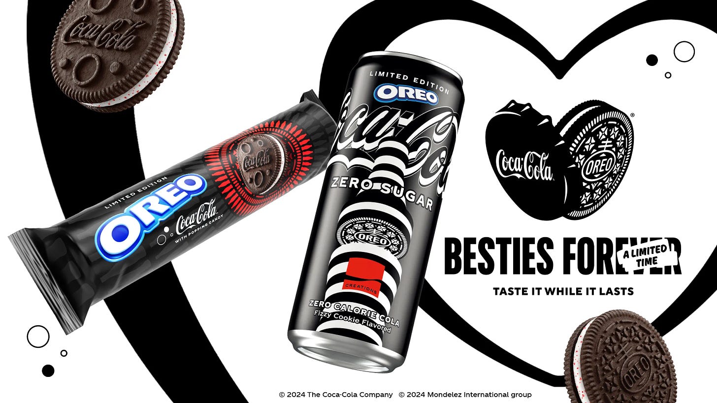 A Coca-Cola imprinted Oreo, a sleeve of branded Coca-Cola oreos, and a Coke Zero with pictures of Oreos on the can