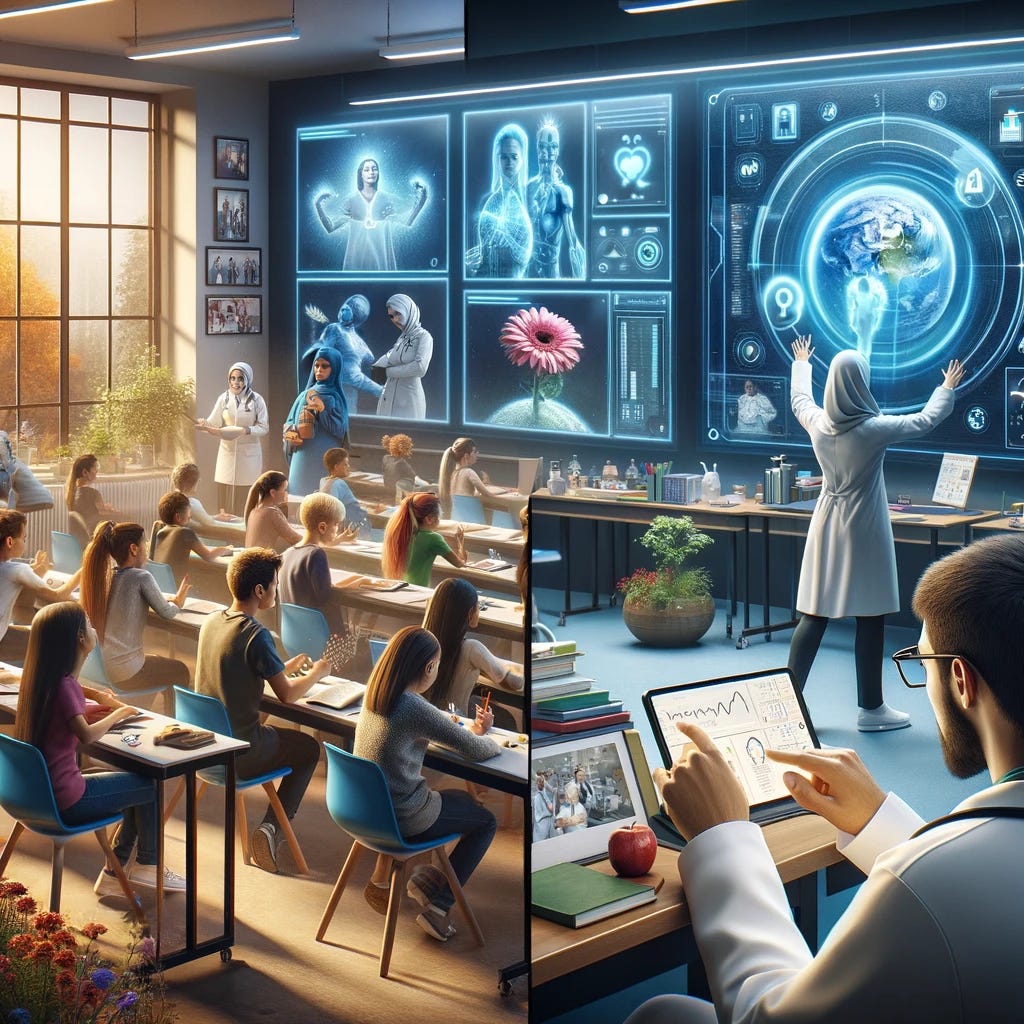 A realistic and uplifting scene depicting AI technology positively impacting people's lives. The first image should show a diverse group of students in a classroom, engaging with an AI-powered educational tool on a large interactive screen, which displays interactive and dynamic educational content. The students are visibly excited and engaged. The second image should depict a medical setting, where a doctor of Middle Eastern descent is using an AI-powered diagnostic tool on a tablet to analyze patient data. The background should show a modern, well-equipped hospital room, conveying a sense of advanced medical technology at work.