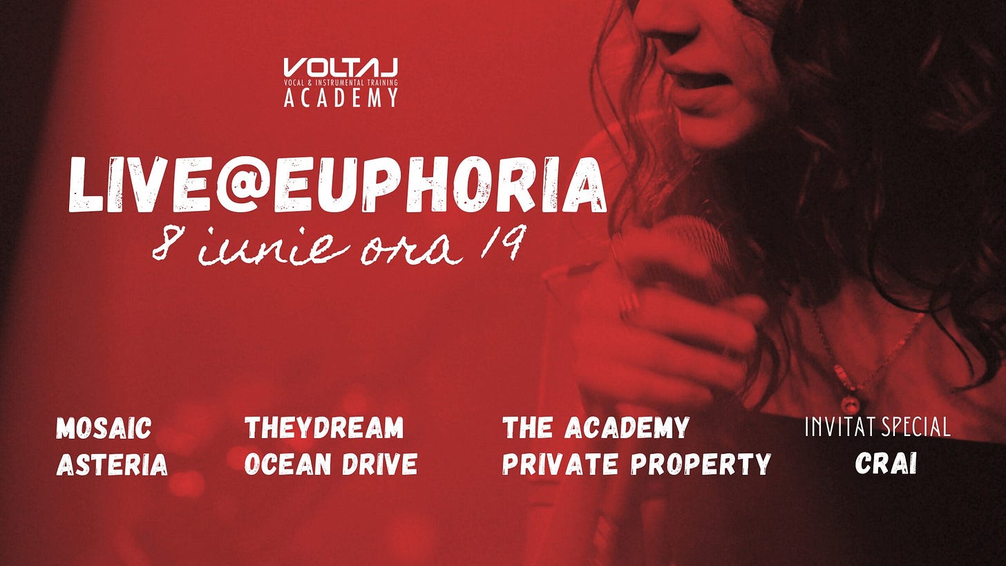 May be an image of 1 person, saxophone, trumpet and text that says "VOLTAJ TEAINIBE ACADEMY LIVE@EUPHORIA 8 iunie ora 19 MOSAIC ASTERIA THEYDREAM OCEAN DRIVE THE ACADEMY PRIVATE PROPERTY INVITAT INVITATSPECIAL SPECIAL CRAI"