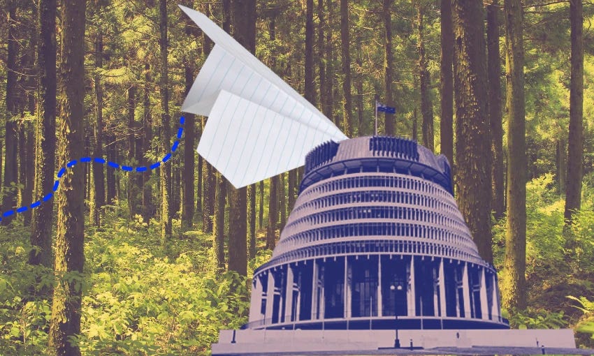 In the foreground, there is an image of the Beehive, which is the Executive Wing of the New Zealand Parliament Buildings in Wellington. A large paper airplane, appearing to be made from lined notebook paper, is flying above the Beehive with a dashed blue line trailing behind it, indicating its flight path.