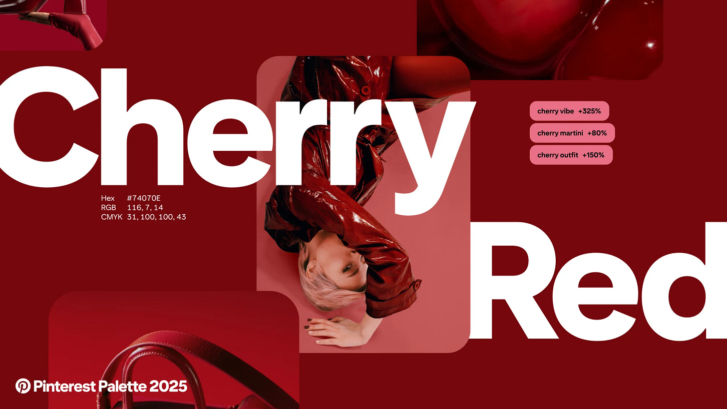The words ‘Cherry Red’ appear with red Pins, Pinterest search terms and colour values.
