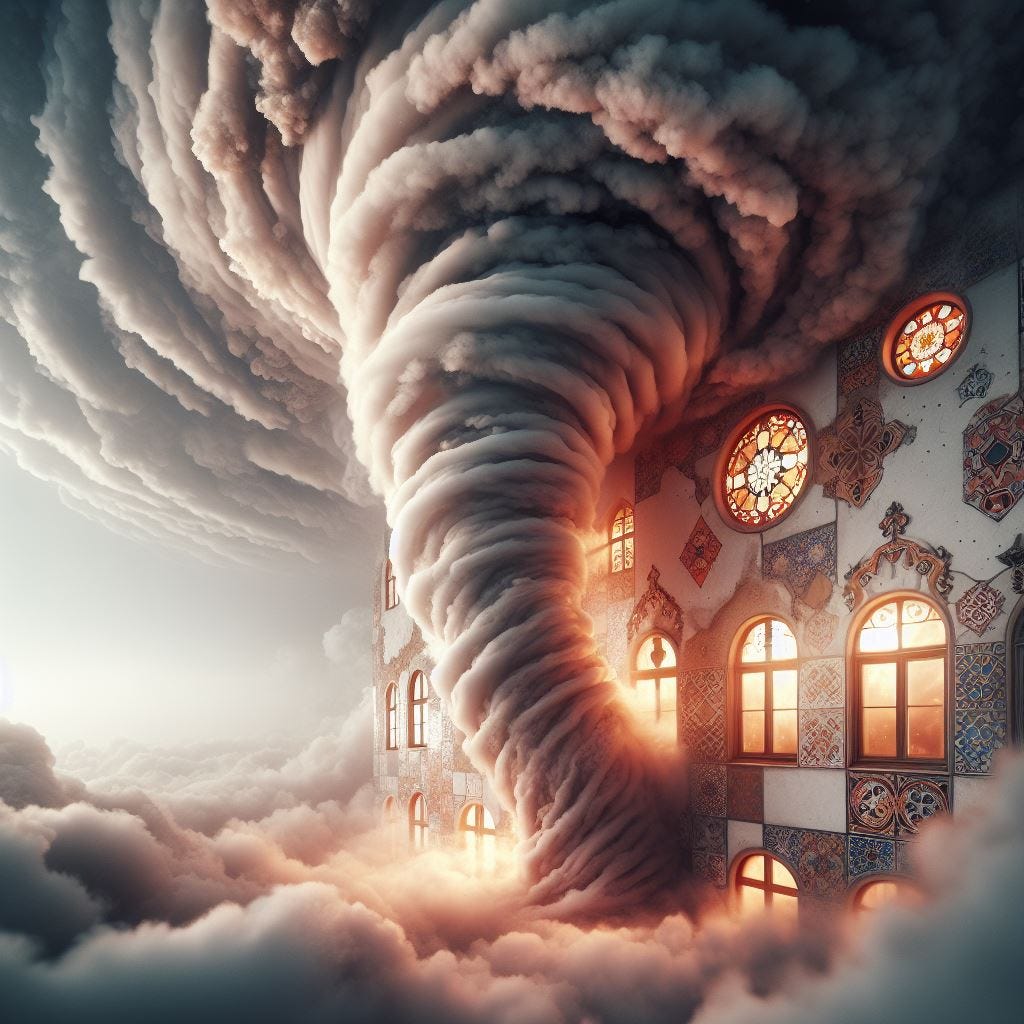 Hyper realistic;tilt shift; tornado vortex of smoke merging Quatrefoil on wall: tornado with tan Gothic Tracery: coral glowing decorative tiles. tornado merges into the Hundertwasserhaus, Vienna, Austria: tornado partly embedded in wall. Interior stormy light.storm clouds. vast distance. No roof. Tilt shift.ethereal 