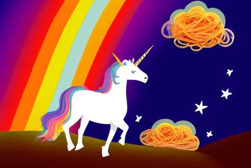 AI-generated image of a rainbow, a unicorn, and spaghetti