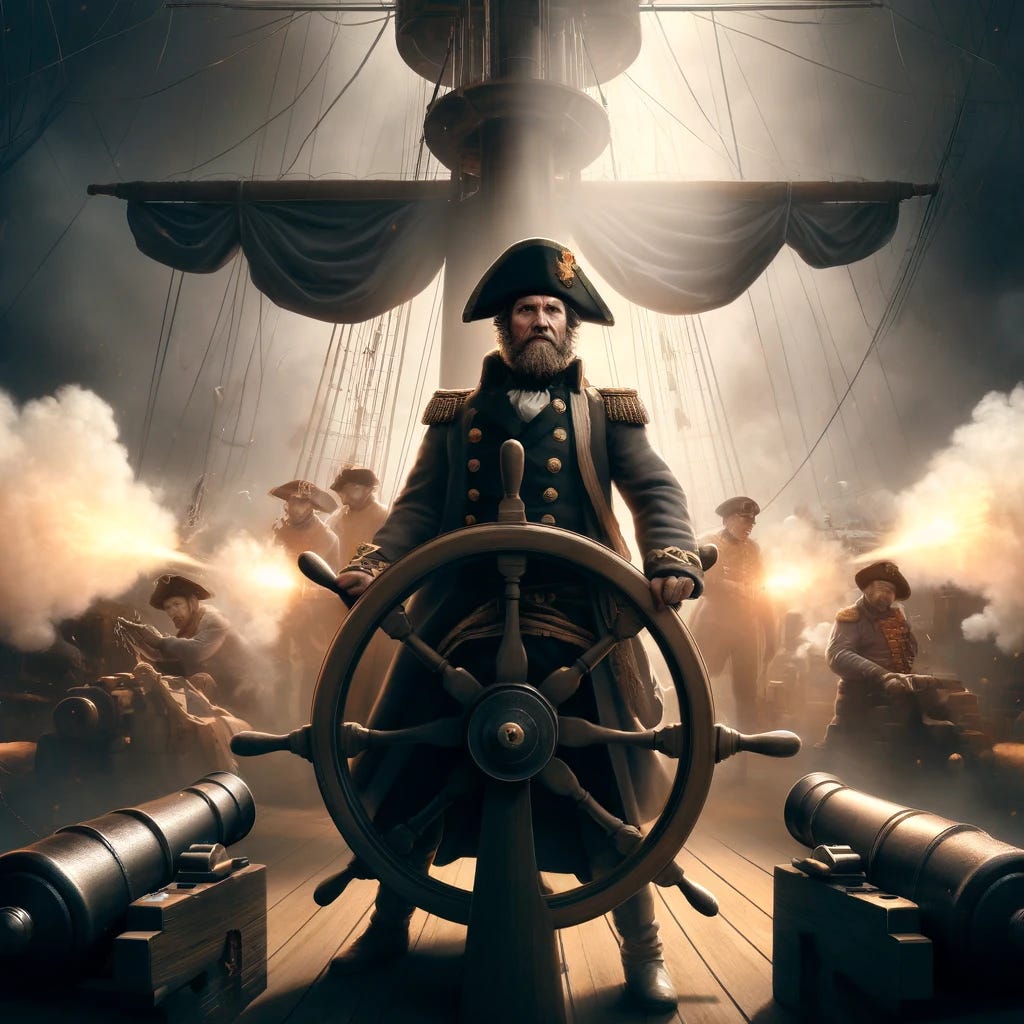 Visualize Admiral Piet Pieterszoon Hein standing resolutely at the wheel of his ship during the height of battle. The perspective is front-on, focusing on Hein as the central figure. He is surrounded by thick, billowing smoke from the cannons, with cannonballs visibly flying through the air from both sides of the frame, narrowly missing the ship. Hein's expression is one of unwavering determination and bravery, embodying the spirit of a seasoned naval commander. The chaos of battle is captured through dynamic lighting, with flashes from cannon fire illuminating his figure and the smoke-filled scene. This representation is in the style of dramatic, high-contrast lighting and meticulous detail, reminiscent of the works found in the Rijksmuseum, celebrating the Dutch Golden Age of painting.