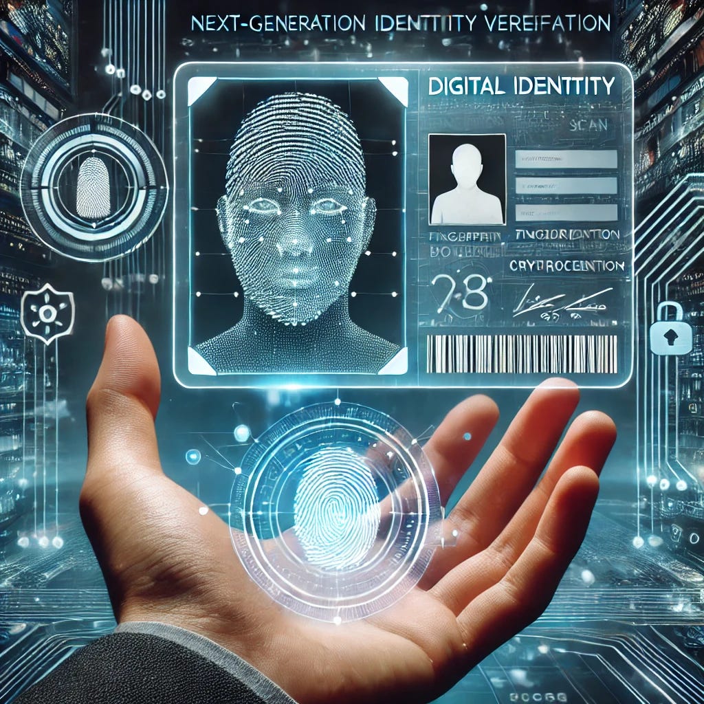 A futuristic digital identity concept featuring a holographic ID card floating above a person's hand. The ID card displays biometric data such as a fingerprint scan, facial recognition, and cryptographic keys. The background showcases a high-tech, cyber-secure environment with digital circuits and blockchain elements, symbolizing next-generation identity verification.