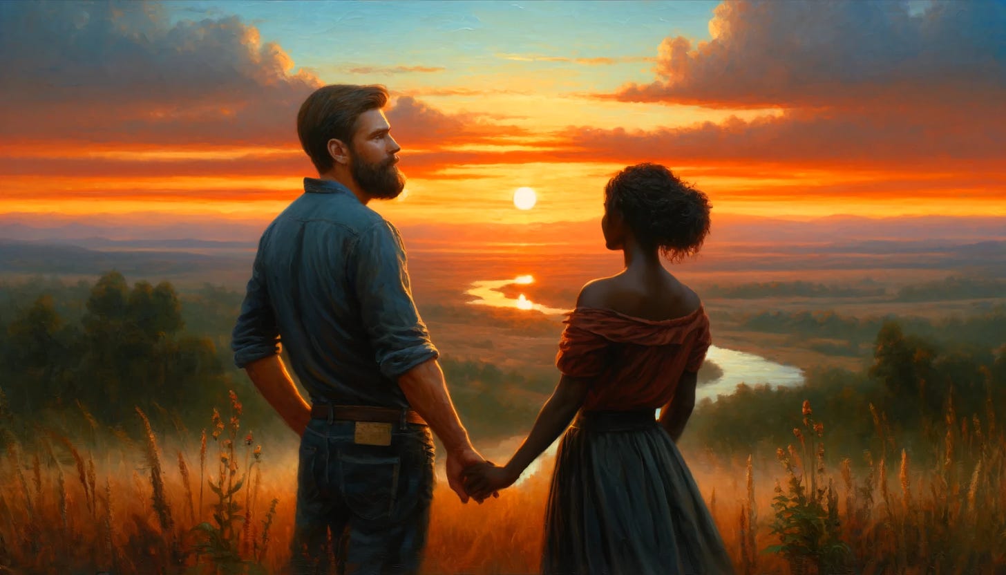 An oil painting of a white man with a short beard holding hands with a black woman, both looking away from the camera towards the sunset. They are standing close together, appearing content in the moment with each other. The background is a breathtaking sunset over a serene landscape with rolling hills and a river. Warm, rich colors and smooth brushstrokes create a romantic and peaceful atmosphere. Created Using: oil paints, romanticism, detailed brushwork, sunset scene, candid moment, expressive strokes, colorful composition, soft gradients, artistic interpretation, high resolution