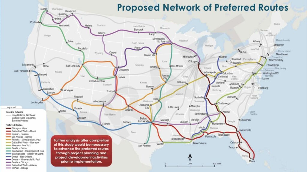 The Proposed Network of Preferred Routes from the Federal Railroad Administration. The map includes routes through South Dakota, the only state in the contiguous U.S. to have never had passenger rail service. (image courtesy FRA)