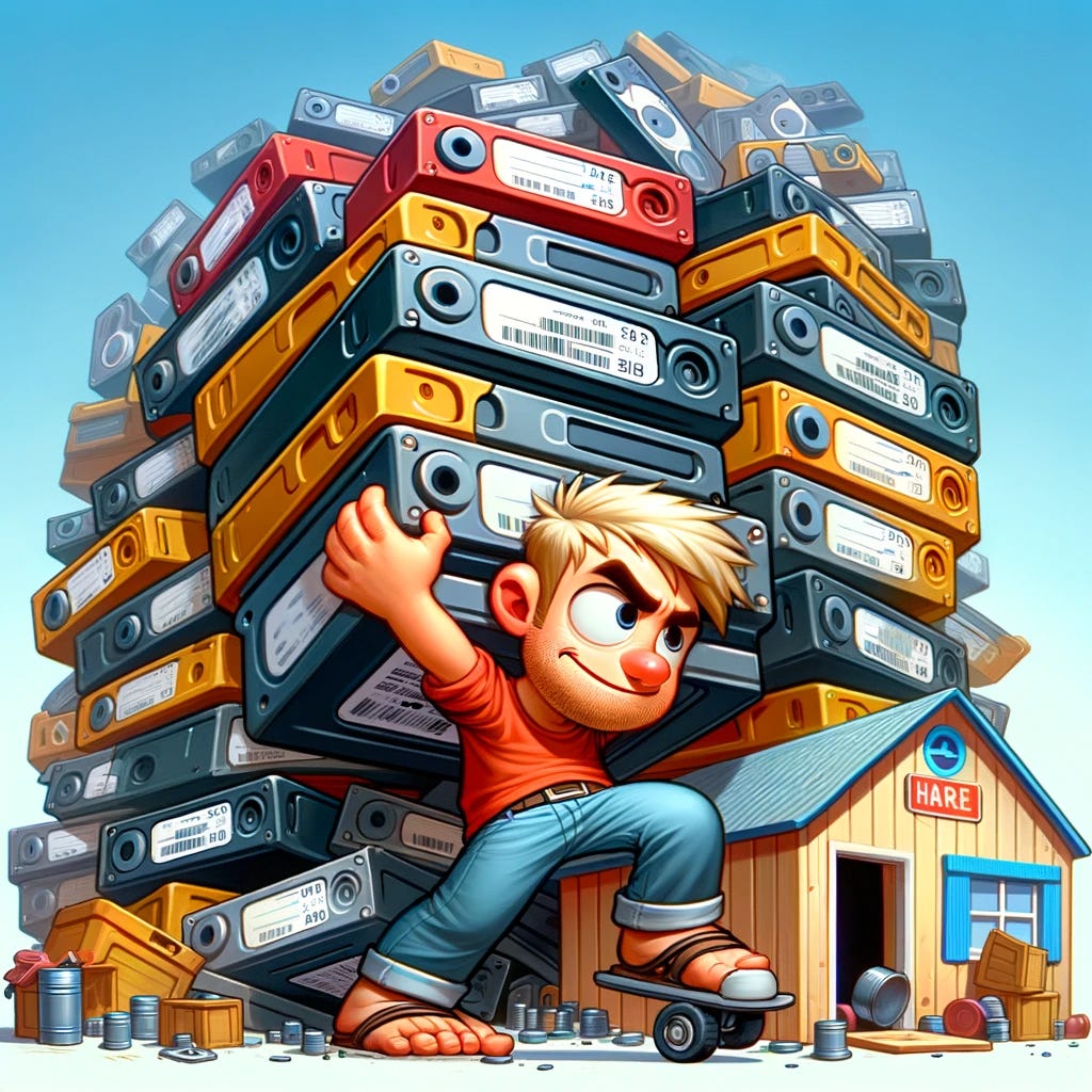 A cartoon-style digital artwork depicting a comical scene where a 25-year-old man with light blonde hair is humorously struggling to push a gigantic pile of 1,000 hard drives into a tiny, cartoonish warehouse. The artwork should be colorful and vivid, with the man characterized in a playful, exaggerated cartoon style. He should display a goofy and determined expression. The hard drives are whimsically illustrated, piled in an unstable, teetering tower that appears as if it could collapse at any moment, adding a lighthearted and humorous touch to the scene.