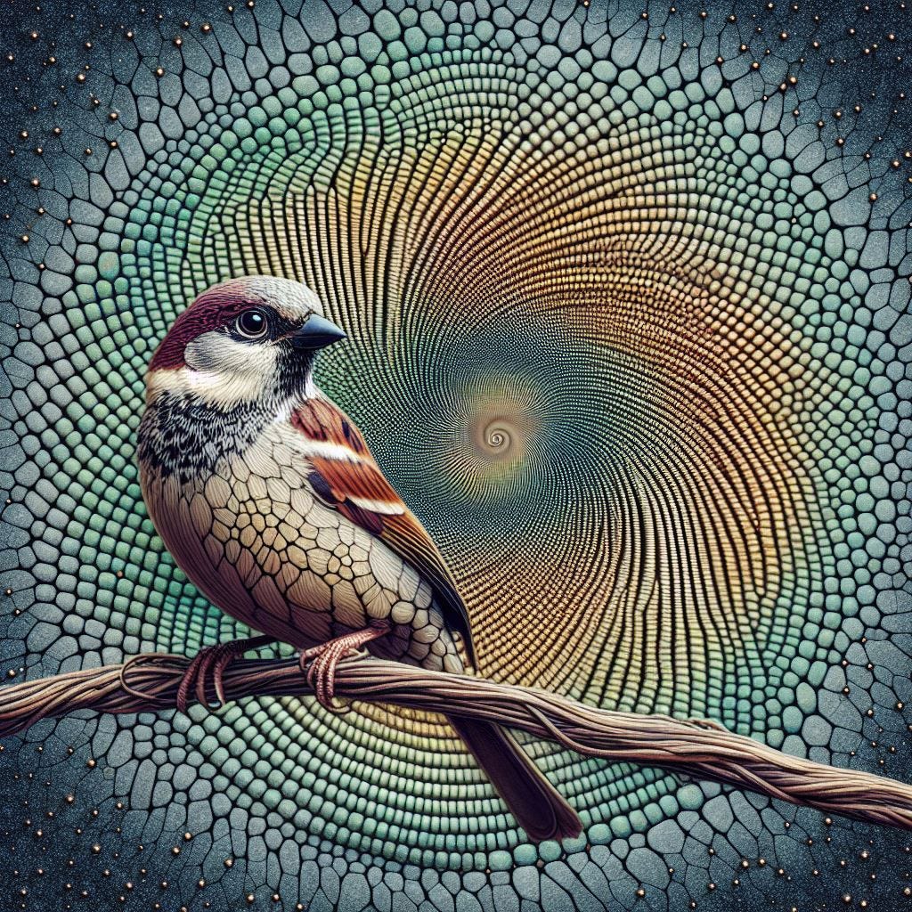 Hyper realistic : Close up sparrow on branch in foreground made of macro close up of wing scales. overlay overt optical illusion circles of green and gold that seem to go in both directions, string art. turning.  background is a spiral of crackly squares. They spiral to a point and disappear in the center of the screener's. a dark blue background with see through squares with  black space full of tiny stars as trim. Stucco, cement, amethyst 