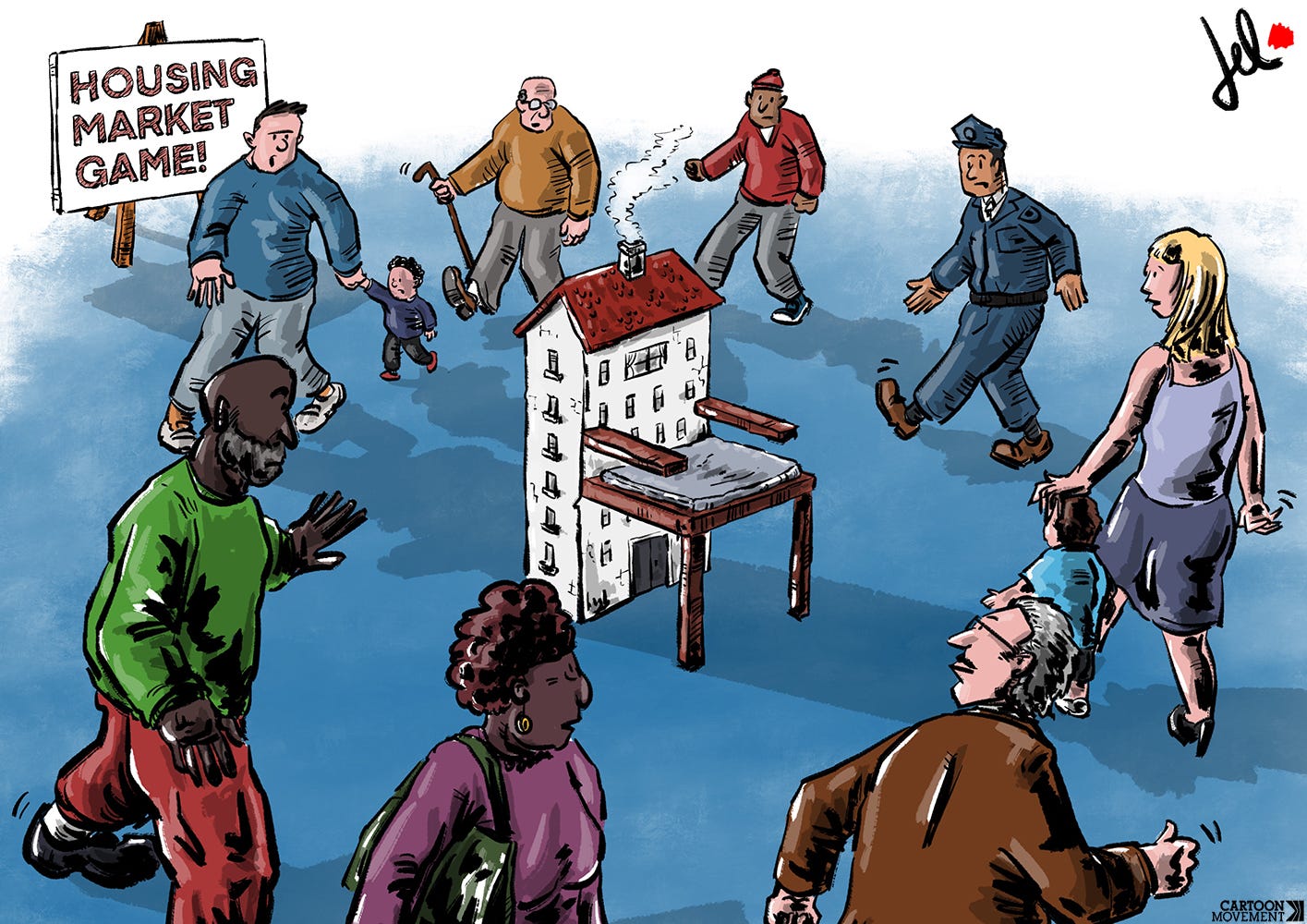 Cartoon showing people playing musical chairs. The chair is the middle is shaped like a house and a sign in the back says ' Housing market game'.
