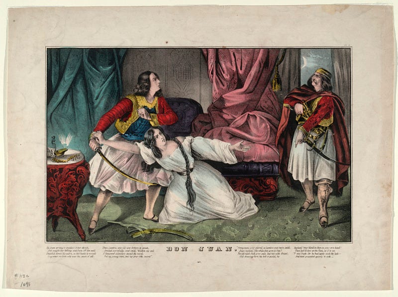 Colored print of two men and woman (Don Juan, Lambro, and Haidee) in a room. Lambro is pulling a pistol from his belt. Haidee, on the floor between them, holds back Don Juan, who is ready to run Lambro through with a sword. Room is ornately furnished with table with oil lamp, heavy draperies, patterned carpet, and bed (?). Four verses from Byron's "Don Juan" appear as legend beneath the print.