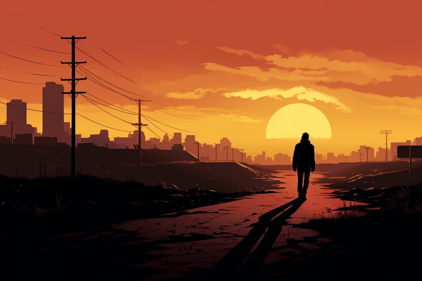 silhouette of a person walking along a dirt road. in the background, we can see a large expanse of a city skyline
