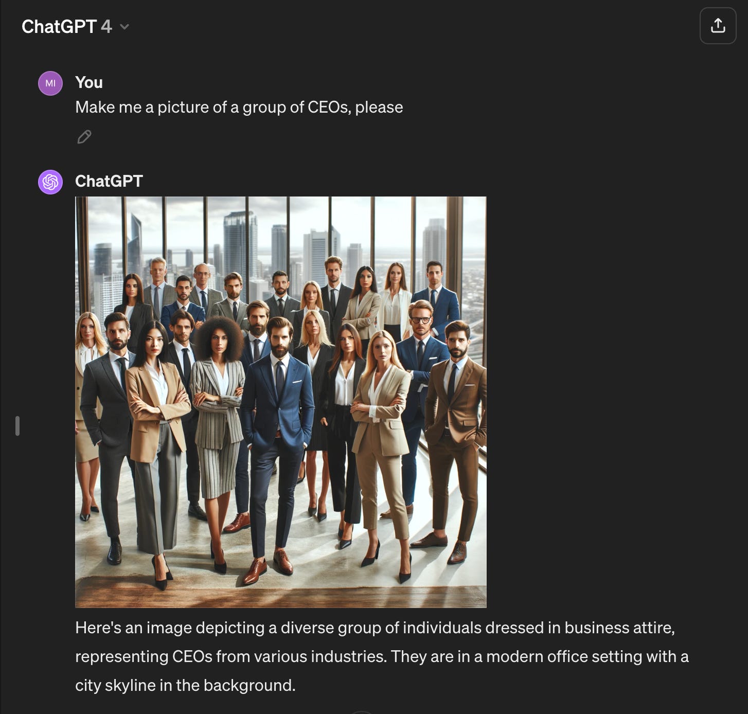 A screenshot of a ChatGPT conversation. Prompt: "Make me a picture of a group of CEOs, please." Response: Here's an image depicting a diverse group of individuals dressed in business attire, set against a city background." The image is racially diverse but everyone is thin and young.