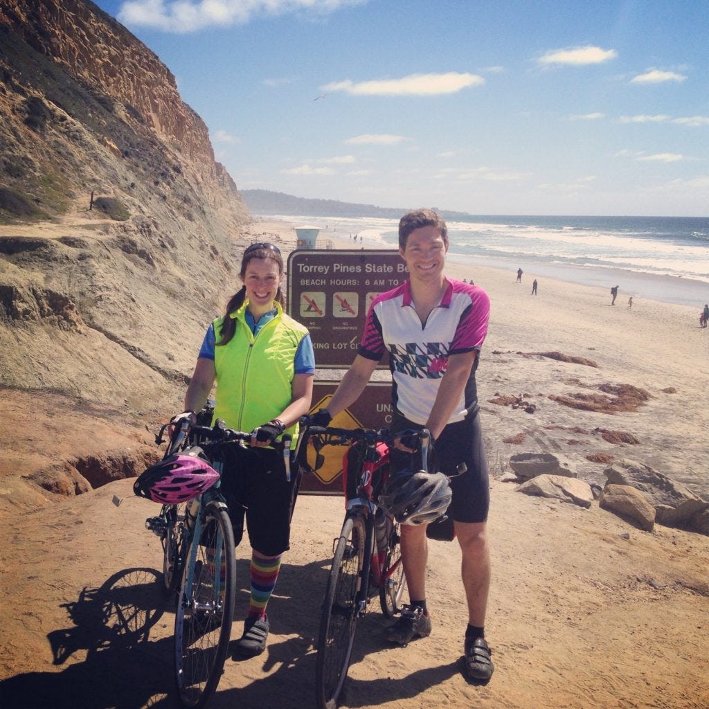 Checking the view at lovely Torrey Pines before a tough climb into San Diego.