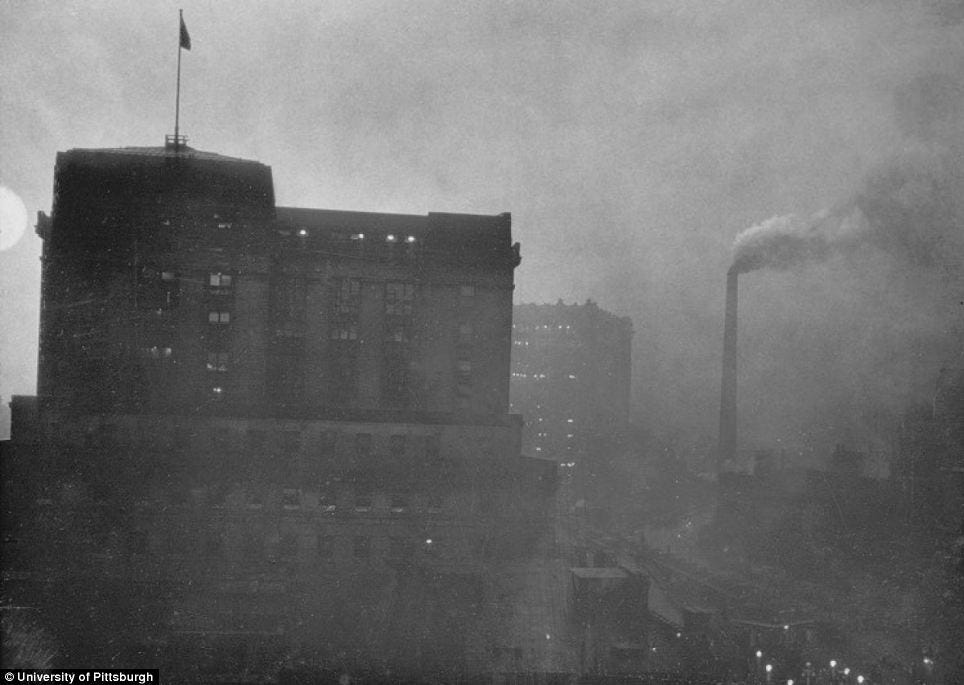 Industry: This picture shows a factory chimney spewing out smoke in the city, adding to Pittsburgh intense air pollution problem which were once so bad the midday sun could be blocked out