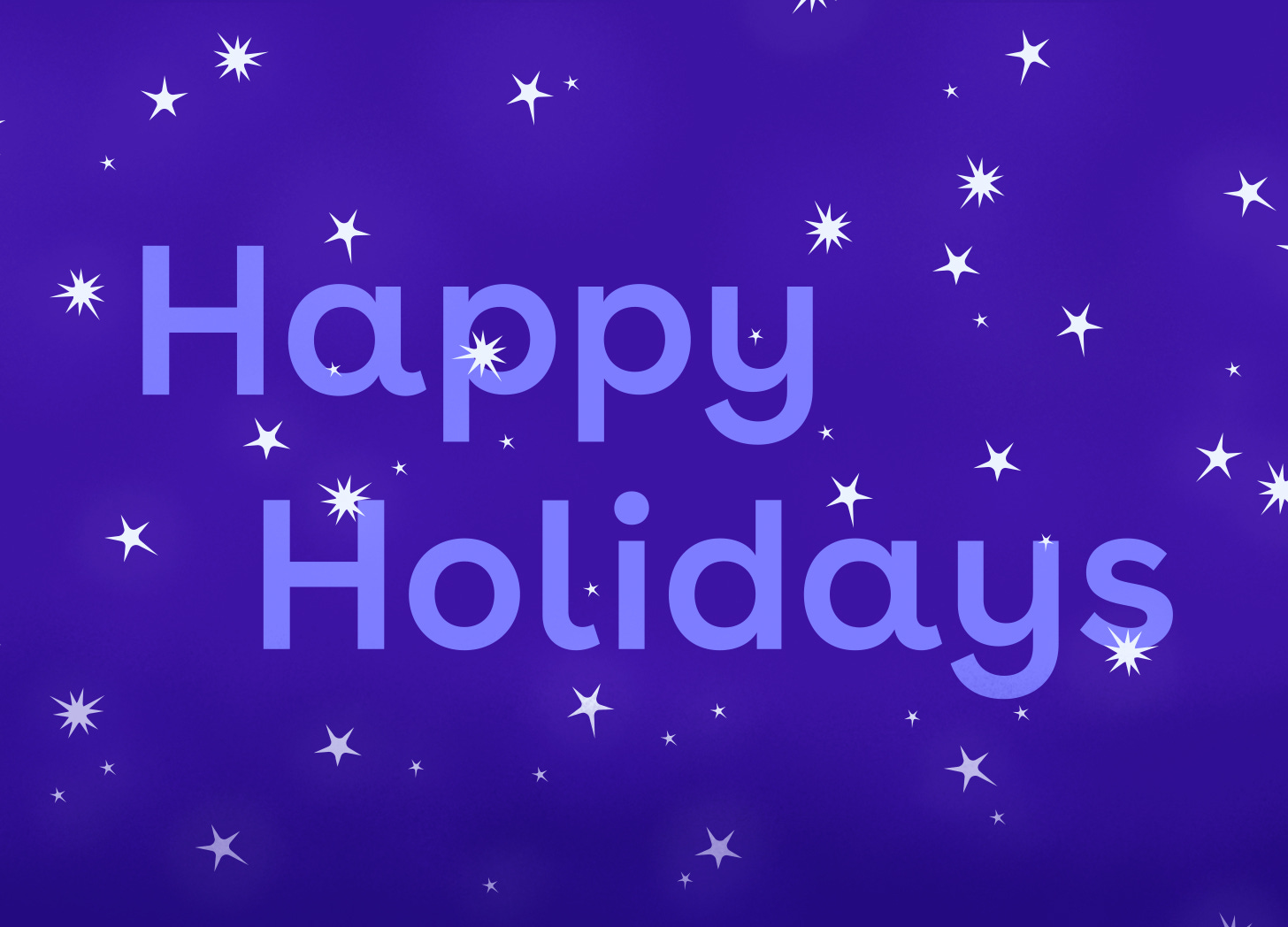 The words "Happy Holidays" are blue on a darker blue background, with little white stars all over the image.