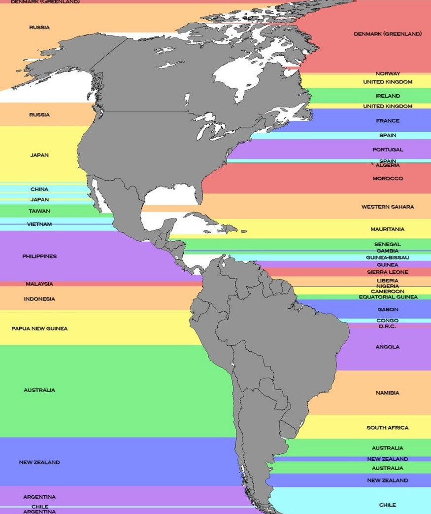 r/MapPorn - What’s Across the Ocean? This map shows the countries that are due east and west from points along the coasts of North and South America.