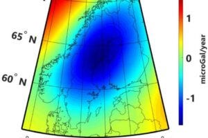 The plot shows the gravity change in Fennoscandia obtained by satellite gravimetry mission (GRACE mission) and a land uplift model. The unit is microGal/year. The gal is defined as 1 centimeter per second squared (1 cm/s2).