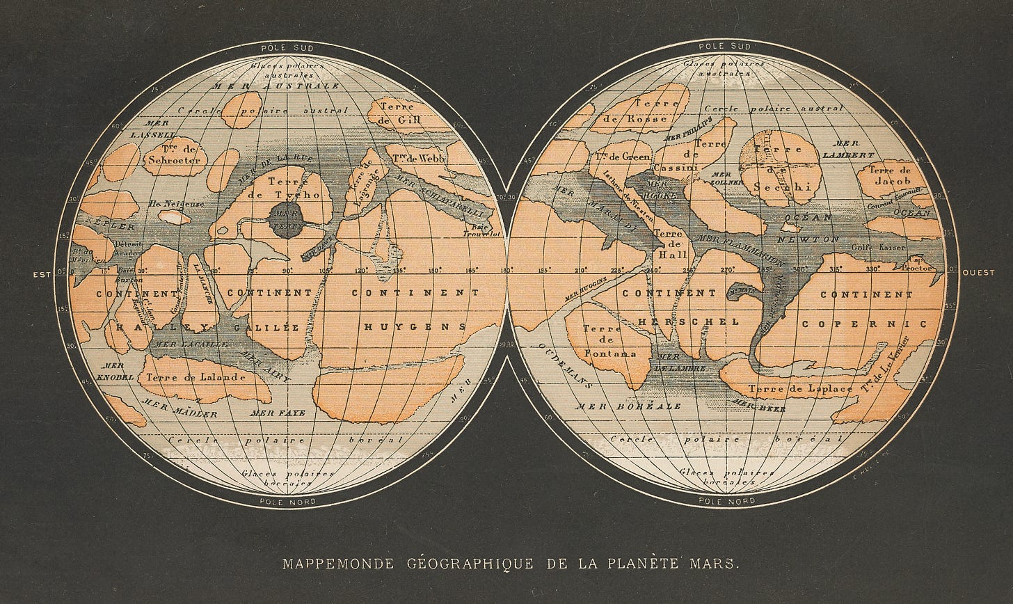 French astronomer Camille Flammarion’s 1884 map of Mars bears a resemblance to Proctor’s 1867 map, but it is also a clear predecessor to later maps by Giovanni Schiaparelli and Percival Lowell that led to speculation about the existence of artificial canals on Mars. Flammarion was a proponent of the idea that Mars was habitable. (Source: Les Terres du Ciel, by Camille Flammarion, 1884)
