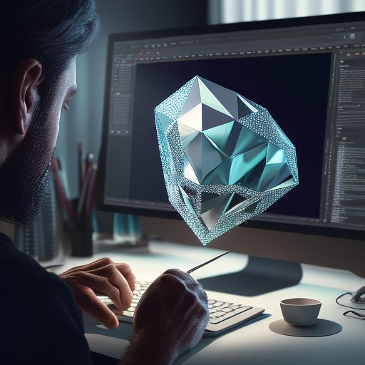 A man in front of a computer generating a 3D hologram of a diamond.