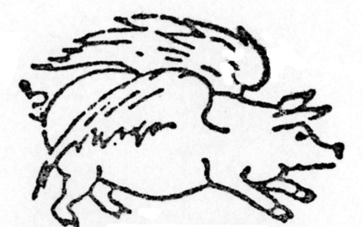 Ink stamp of pig with wings.