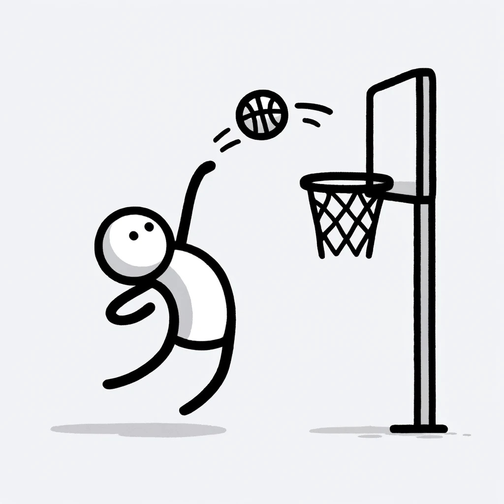 Illustration of a stick figure throwing a basketball into a hoop. The stick figure should be depicted in a dynamic throwing pose, with one arm extended towards the hoop. The basketball should be shown mid-air, clearly aimed at the hoop. The hoop should be visible with a net, and the scene should be simple, emphasizing the action of the throw. The style should be minimalistic and clear, focusing on the movement and interaction between the stick figure, the basketball, and the hoop, set against a plain background.