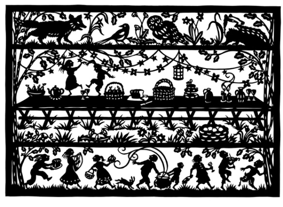 Hand-cut silhouette of long feasting table in teh woods with lanterns, with a band of animals above, and revellers below