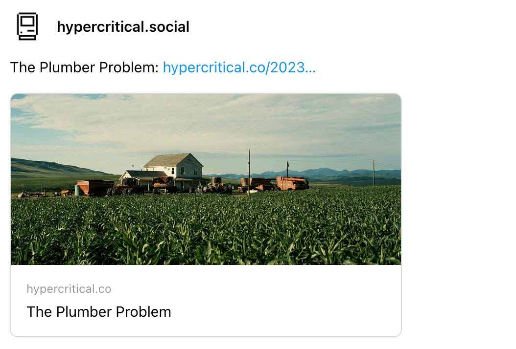 hypercritical.social's profile picture hypercritical.social 12h The Plumber Problem: hypercritical.co/2023…