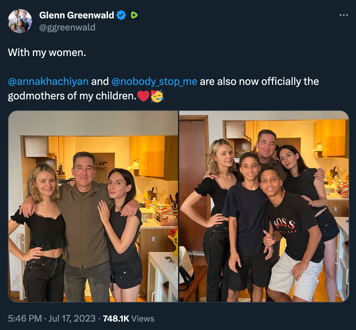 Glenn Greenwald tweets two pictures of himself and his adopted kids with Dasha and Anna Khachiyan, with the caption: “With my women. @annakhachiyan and @nobody_stop_me are also now officially the godmothers of my children.”
