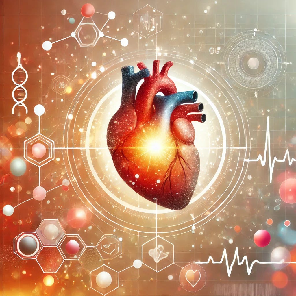 A modern medical illustration representing breakthroughs in heart failure treatment. The image features a stylized human heart with a glowing effect, symbolizing improved function. Surrounding the heart are abstract, interconnected medical symbols, such as molecular structures and electrocardiogram (ECG) lines, representing advancements in pharmacological therapies. The background consists of warm, uplifting colors like soft orange, gold, and light red, evoking a sense of hope and innovation. The design is clean, professional, and approachable, incorporating subtle light effects to enhance clarity and engagement.