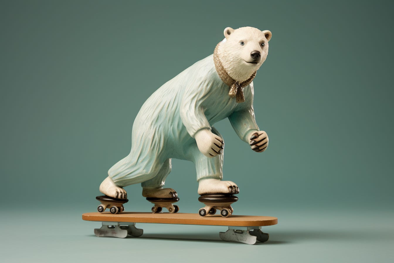 Bear with three hind legs on rollerskates standing on top of a skateboard with ice skates attached