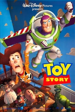 The poster features Woody anxiously holding onto Buzz Lightyear as he flies into Andy's room. Below them sitting on the bed are Bo Peep, Mr. Potato Head, Troll, Hamm, Slinky, Sergeant, and Rex. In the lower right center of the image is the film's title. The background shows the cloud wallpaper featured in the bedroom.