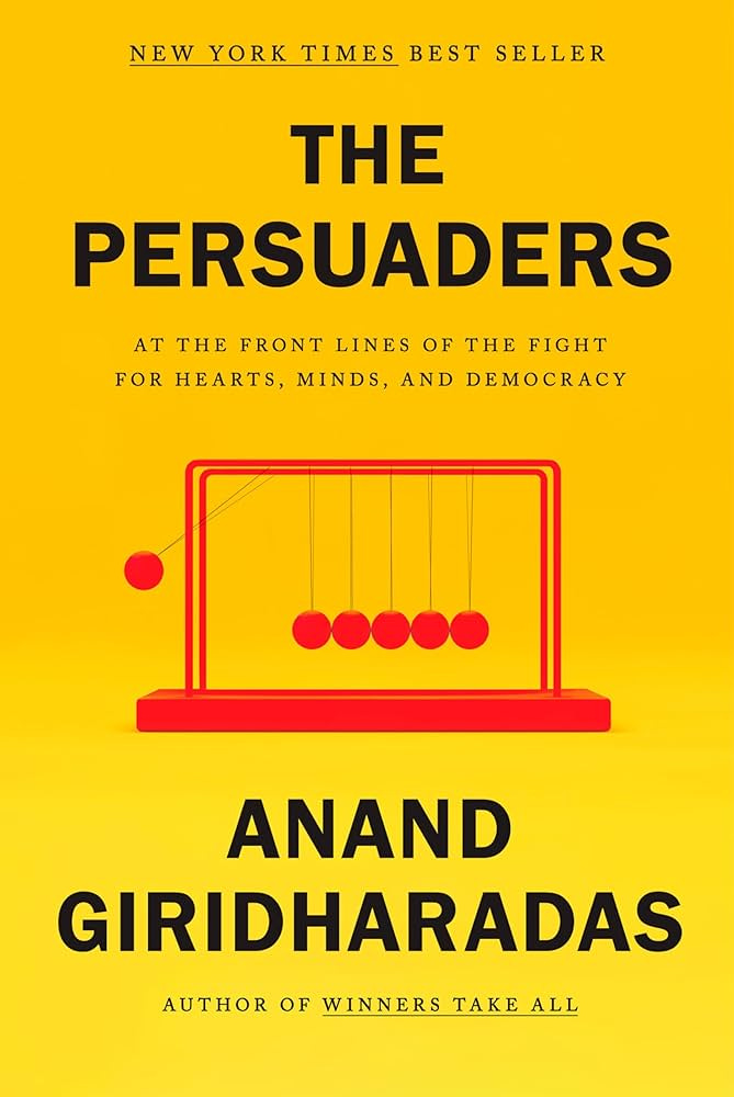 The cover of The Persuaders: A red Newton's Cradle on a yellow background