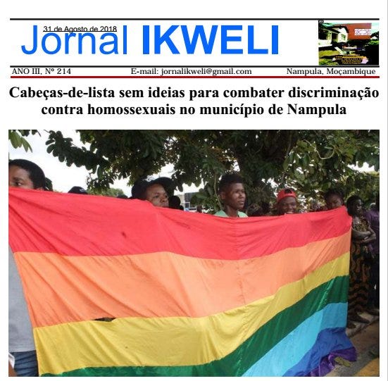 Front page of the newspaper Jornal Ikweli from Mozambique, showing people holding a rainbow flag, and a headline asking authorities to come up with ideas to fight discrimination against gay people