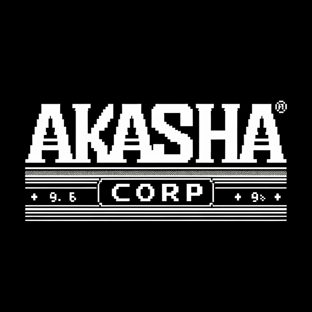 Refine the logo design for "AKASHA CORP", inspired by early 1980s software companies, with a focus on legibility and a minimal, sparse aesthetic. The text "AKASHA CORP" should be in a clear, pixelated font, typical of early computer graphics, but more defined and legible. The "AKASHA" part is the focal point, with larger, cleaner pixelated letters. "CORP" is directly below, smaller but equally legible. Reduce the background elements to be less busy, maintaining a low bitrate, retro digital look. The overall design should be hyper-minimal and spare, with a dark, simple background to avoid visual clutter.