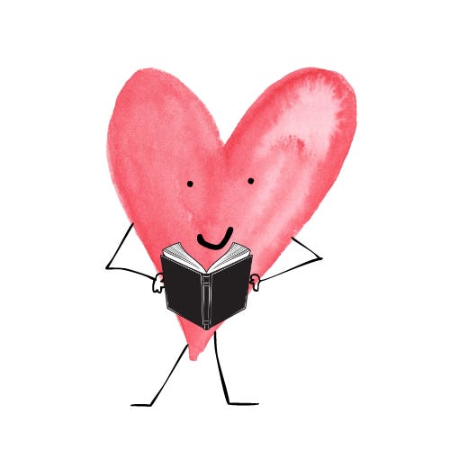 Illustrated heart reading a book 