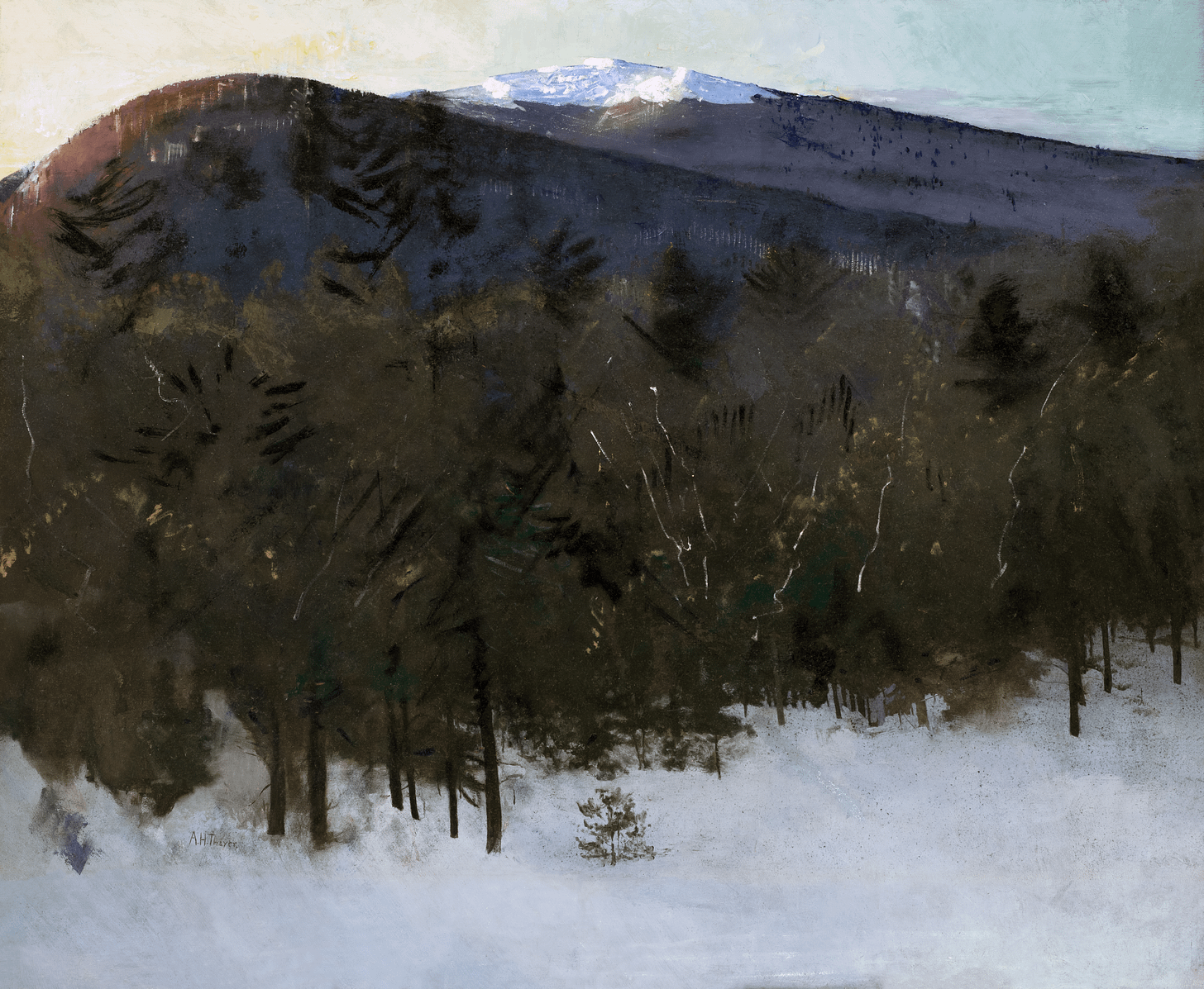 An oil painting of a winter scene, a snowy foreground with thick, dark green coniferous woodland and a snow topped mountain in the background.
