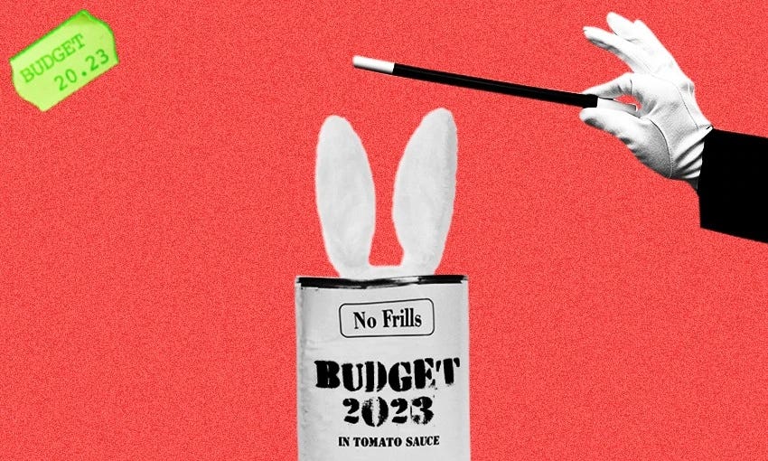 An artist’s impression of Grant Robertson at the 2023 budget lockup (Image: Archi Banal) 
