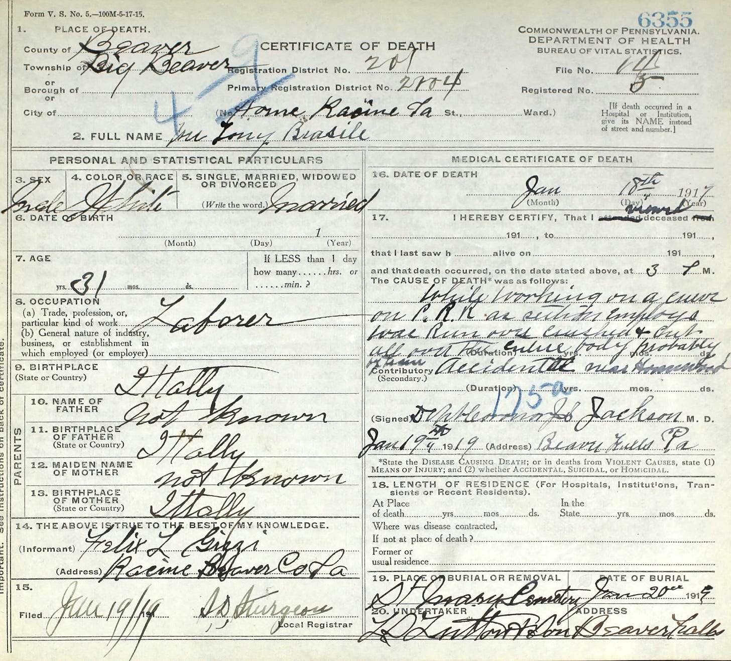 Copy of Tony Brasile's death record stating he was run over and crushed and cut all over while working on the railroad.