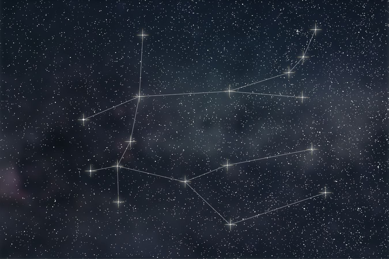 Black sky, white stars, looks hazy. The constellation of gemini is drawn out over the stars