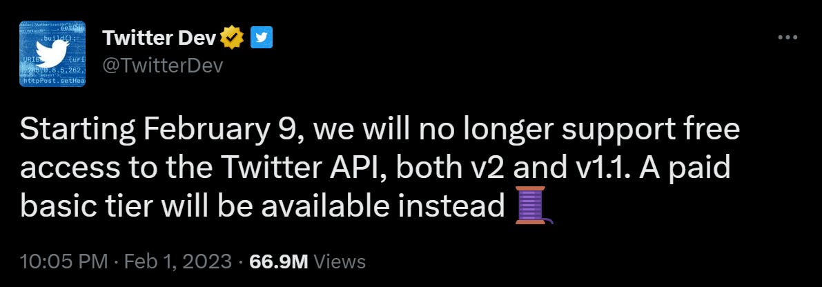 An image showing a tweet from the Twitter Dev account announcing the closure of free API access.