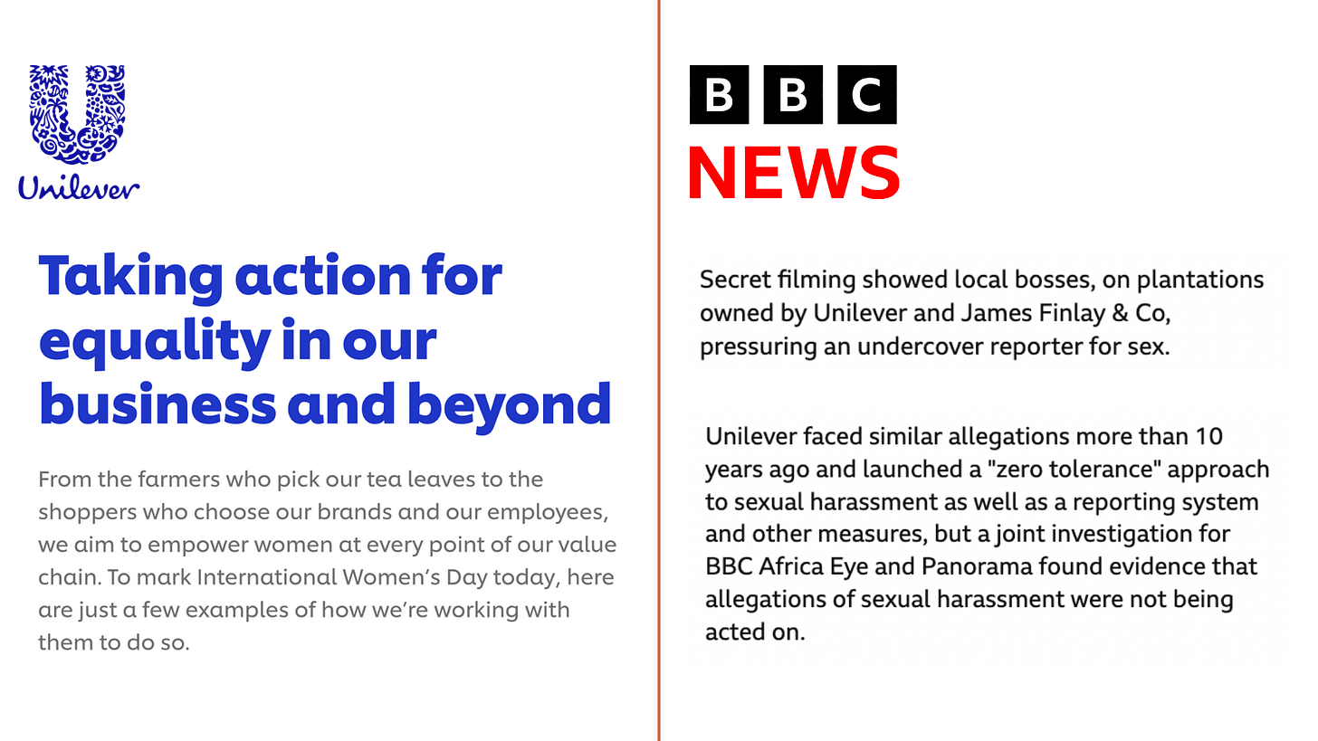 One side shows Unilever's blog post for International Women's Day, and the other side shows a BBC News article about the sexual abuse on plantations owned by Unilever.