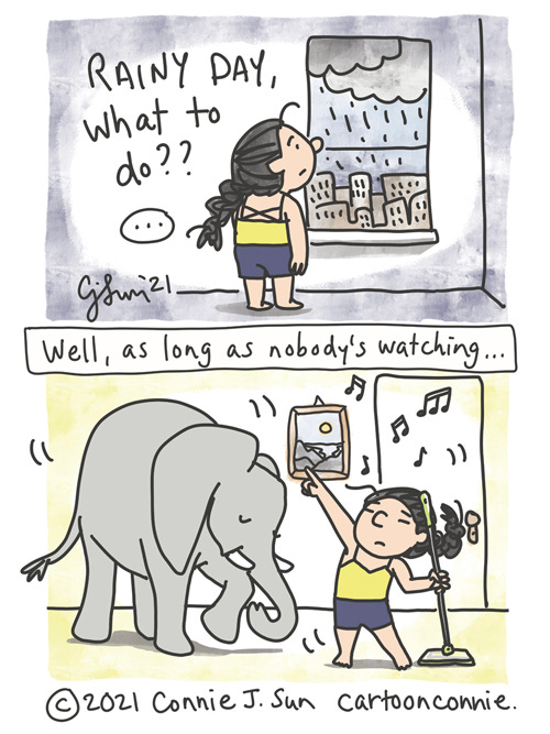 Nobody's Looking Two-panel slice-of-life comic of an introverted girl with a braid, at home, staring out the window overlooking a cityscape and heavy rain clouds, captioned "Rainy day, what to do?" Panel 2, girl dancing to music in underwear with a Swiffer mop and with Elephant also getting down. Captioned, "Well, as long as nobody's looking." Comic drawing by Connie Sun, cartoonconnie