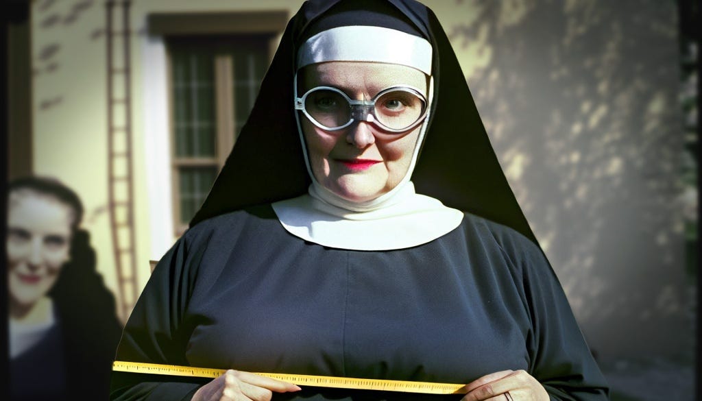 “Sister Pretty-Handy-with-that-Ruler,” original digital illustration by the author. Midjourney helped… A nun in traditional Sister of Mercy black & white uniform holds a ruler. In the background a shool. An older woman looks on approvingly.