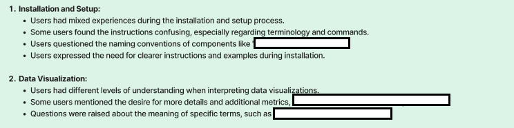 A sample conclusion set from ChatGPT, which includes Information about “Installation and Setup” and “Data Visualizations.” The feedback is quite general, such as “Some users ran into issues with the Installation and Setup process.”
