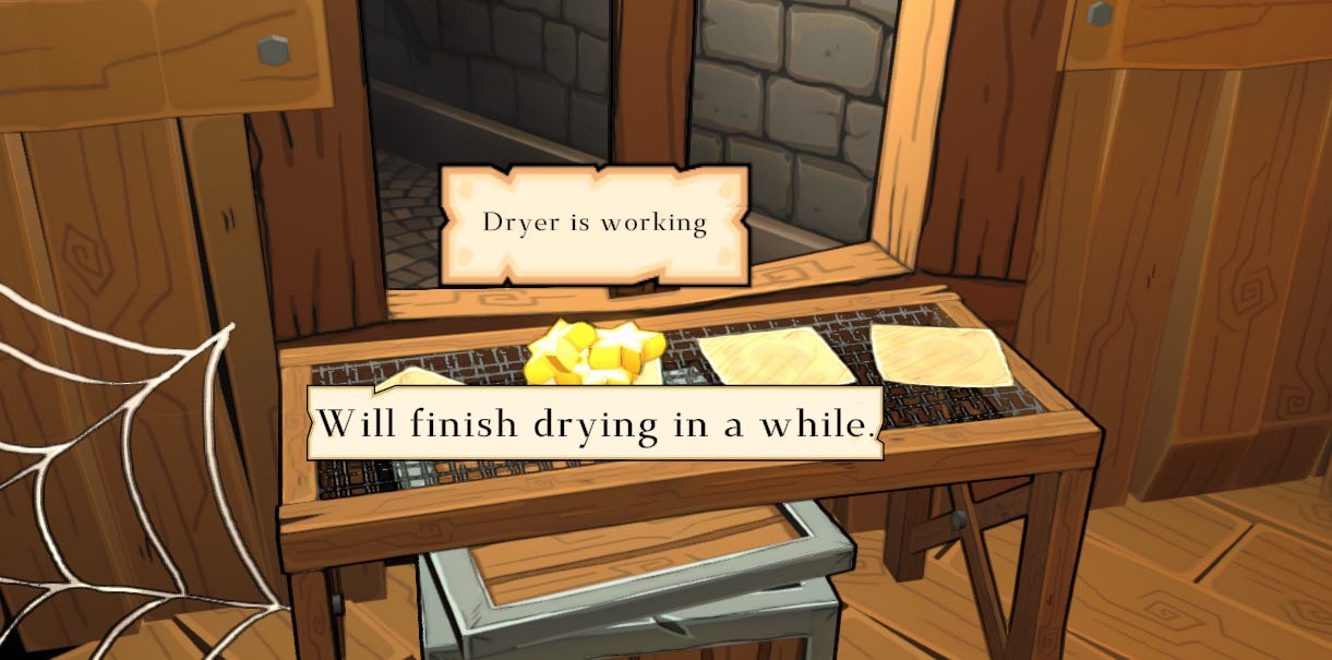 Screenshot from Alchemist Simulator that shows the drying and the text "will finish drying in a while".
